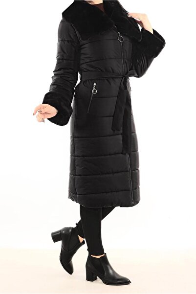 TRENDTESETTÜR Women's Black Fur Detailed Zippered Puffer Coat 3141
