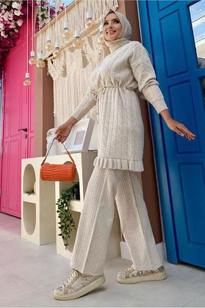 TRENDTESETTÜR Women's Beige (stone) Gathered Waist Knitwear Tunic 8216