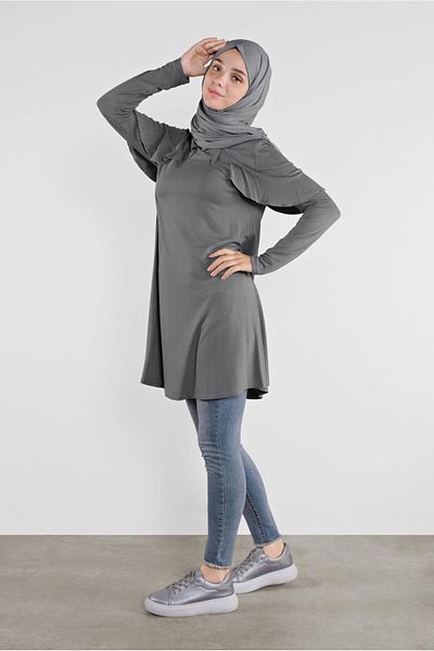 TRENDTESETTÜR Women's Gray Collar Flounced Tunic 41237