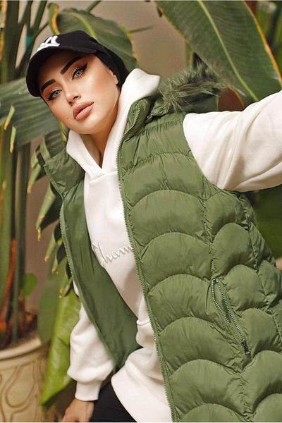 TRENDTESETTÜR Women's Green (agle) Hooded Fur Puffer Vest 7429