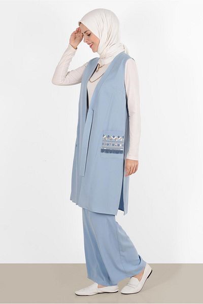 TRENDTESETTÜR WOMEN'S BLUE EMBROIDERED VEST WITH BLUE POCKETS 40848