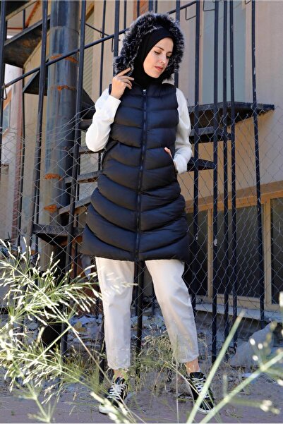 TRENDTESETTÜR Women's Black Zippered Hooded Puffer Vest 9051