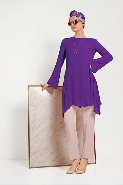 TRENDTESETTÜR Women's Purple (A.PURPLE) Pleat Detailed Asymmetric Cut Tunic 40443