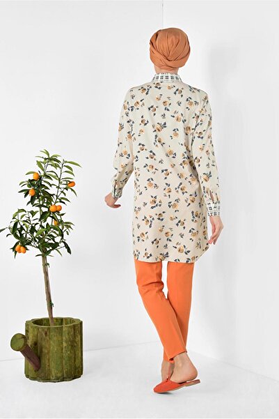 TRENDTESETTÜR Women's Beige Collar and Cuffs Plaid Tunic 4909