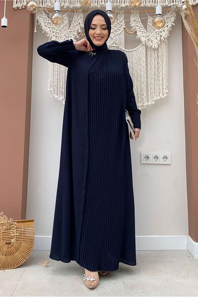 TRENDTESETTÜR Γυναικείο φόρεμα με πλισέ με γιακά μπλέ Navy Jeweled - T 5283