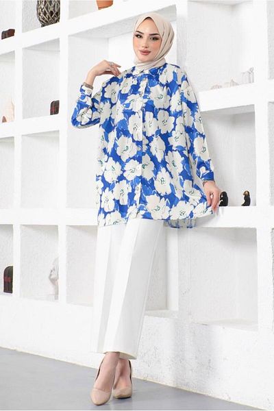 TRENDTESETTÜR WOMEN'S NAVY BLUE (NDIGO) PATTERNED SHIRT TUNIC T 9888