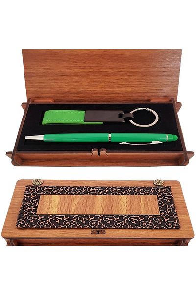 RubyBoutiques Green Pen and Keychain with Wooden Box - Blc9964-5495