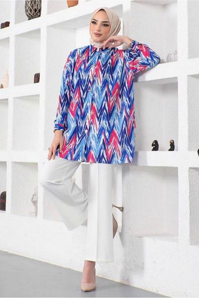 TRENDTESETTÜR WOMEN'S NAVY BLUE (SAX) PATTERNED SHIRT TUNIC T 7888