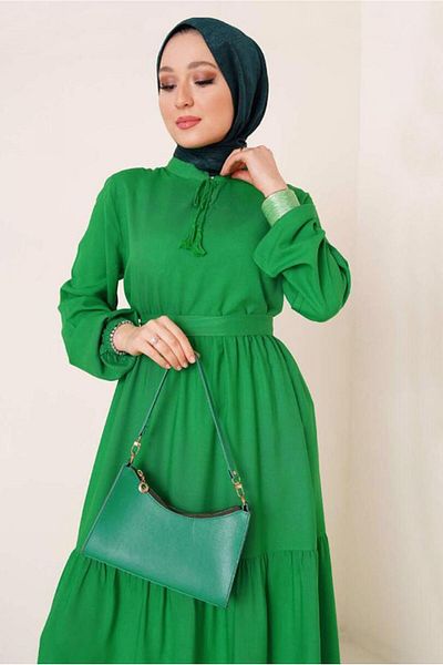 TRENDTESETTÜR Green Beneton Belted T-644 - Γυναικείο φόρεμα με δεμένο γιακά