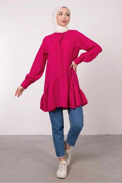 TRENDTESETTÜR Women's Fuchsia Ruffle Detailed Flounce Tunic T 8985