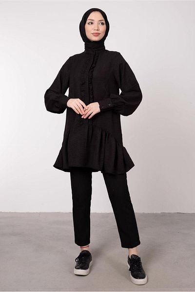 TRENDTESETTÜR Women's Black Ruffle Detailed Flounce Tunic T 8985