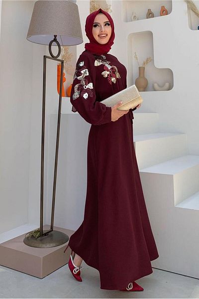TRENDTESETTÜR Γυναικείο φόρεμα με παγιέτες μπορντό με μπαλόνι μανίκι - T 8063