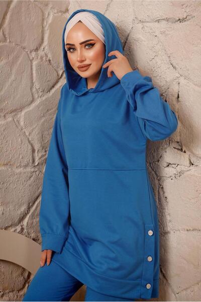 TRENDTESETTÜR Women's Blue Hooded Button Detailed Double Pants Suit T 3292