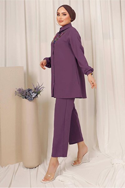TRENDTESETTÜR Women's Purple (LILA) Colored Chain Detailed Buttoned Trousers Suit T 8303