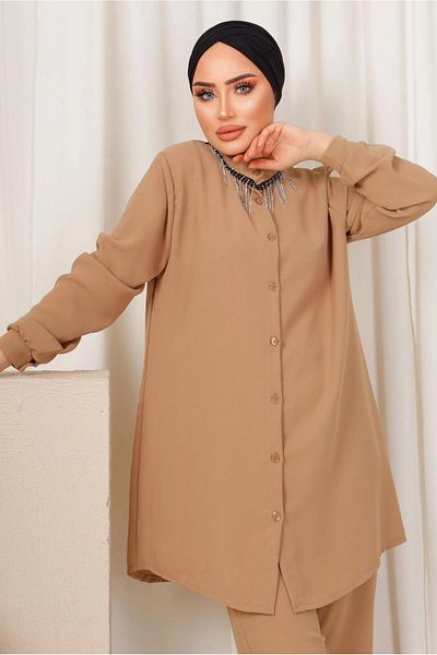 TRENDTESETTÜR Γυναικείο καφέ (CAMEL) πέτο με πέτρινη αλυσίδα με λεπτομέρεια παντελόνι T 1503
