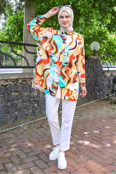 TRENDTESETTÜR Women's Yellow Patterned Shirt Tunic T 5888