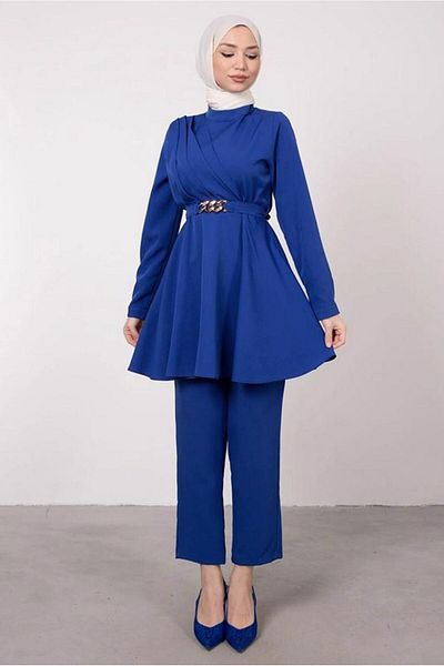 TRENDTESETTÜR Γυναικείο παντελόνι Navy Blue Saks με λεπτομέρεια και ζώνη - Σετ T 0685
