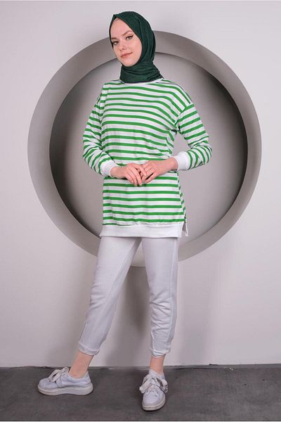 TRENDTESETTÜR WOMEN'S GREEN CUFFS WITH ELASTIC STRIPES TUNIC T 4030