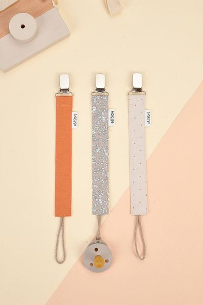 e&f Store Cotton Certified 3-Piece Pacifier Straps Set - Salmon, Floral and Polka Dot Baby Chain