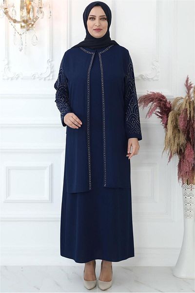TRENDTESETTÜR Rochie de seară pentru femei, albastru bleumarin, cu detaliu de piatră indigo - T 4621