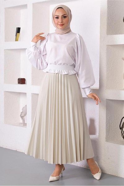 TRENDTESETTÜR تنورة نسائية بيج مطوي بخصر مطاطي T 8354