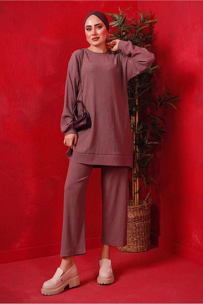TRENDTESETTÜR Women's Purple (LILA) Stone Printed Double Pants Suit T 7429