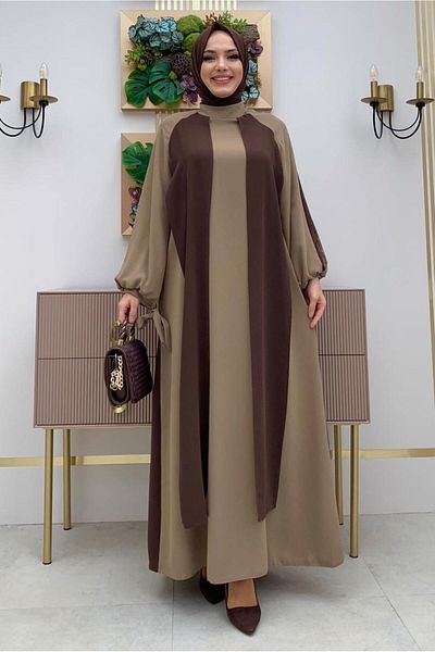TRENDTESETTÜR Γυναικείο φόρεμα με δίχρωμες μανσέτες σε καφέ T 9973