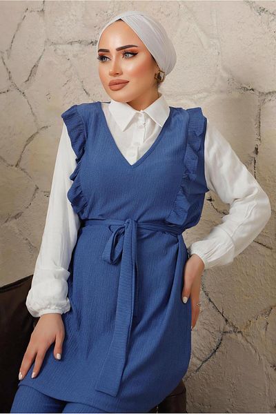 TRENDTESETTÜR Γυναικείο πουκάμισο Navy Blue (INDIGO) με γαρνιρισμένο βολάν με λεπτομέρεια μπουρνούζι T 5003