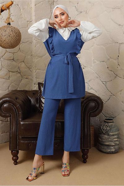TRENDTESETTÜR Γυναικείο πουκάμισο Navy Blue (INDIGO) με γαρνιρισμένο βολάν με λεπτομέρεια μπουρνούζι T 5003