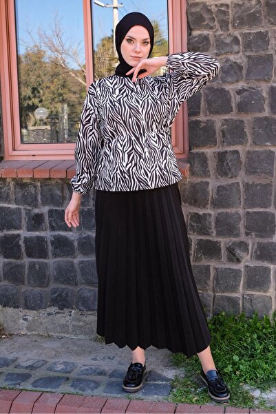 TRENDTESETTÜR Γυναικείο κοστούμι με μοτίβο μαύρης ζέβρας πλισέ διπλή φούστα T 4070
