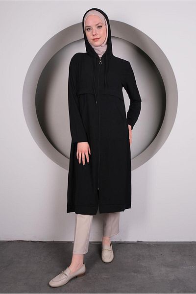 TRENDTESETTÜR Women's Black Hooded Long Tunic with Pocket Detail T 4060