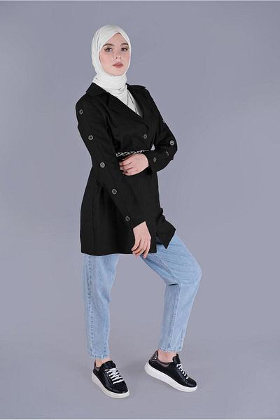 TRENDTESETTÜR Μαύρο διπλό παλτό με γιακά - Λεπτομέρεια με κουμπί, Γυναικείο, T 41451