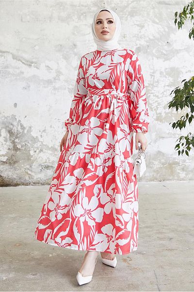 TRENDTESETTÜR WOMEN'S RED FLOWER PATTERNED BELLOW DRESS T 134