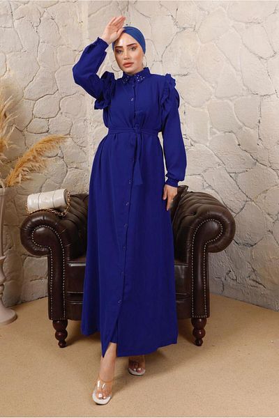 TRENDTESETTÜR Γυναικείο φόρεμα Navy Blue Saks με πέτρες στο γιακά - Ruffle Sleeves T 4503
