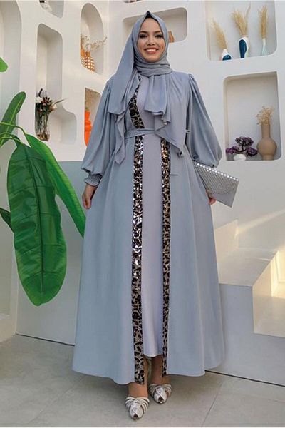 TRENDTESETTÜR Gray Leopard Patterned Belted Balloon Sleeve Women's Fairy - T 2857
