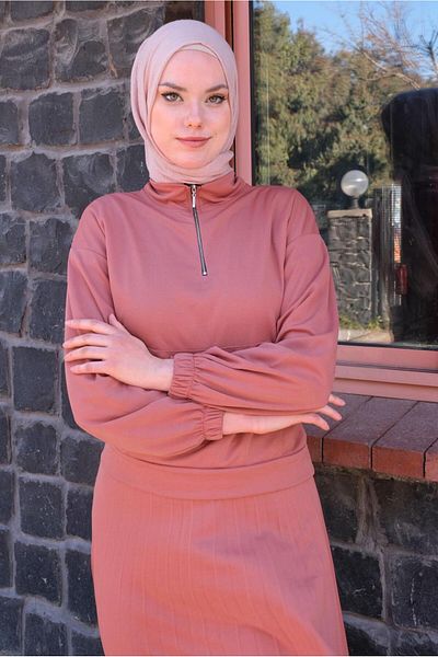 TRENDTESETTÜR Γυναικείο ροζ (GÜLKURUSU) Σετ με φερμουάρ και πλισέ φούστα T 4040