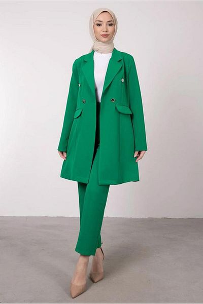 TRENDTESETTÜR WOMEN'S GREEN (BENETTON) CROWACE COLLAR WAIST ELASTIC DOUBLE CREPE SUIT T 1585