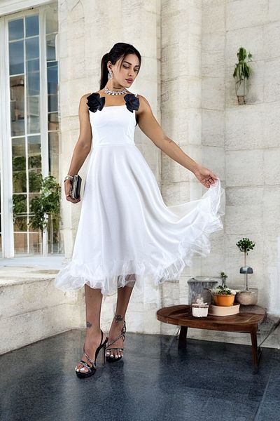 ALFUDO Moda Collection Λευκό Midi Βραδινό Φόρεμα με λουράκι - Γυναικεία φούστα με λεπτομέρεια από τούλι