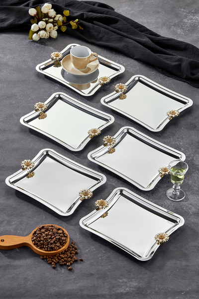Turkco Elegante Square Series, Duo Bella Flora Handle Patterned Chrome Presentation Promise Engagement Tray, 22X16Cm, 6 Pieces