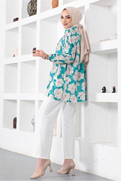 TRENDTESETTÜR Cămașă TUNICĂ DESENE ALBASTRE (TURCOAZ) DESENE DE FEMEI T 9888