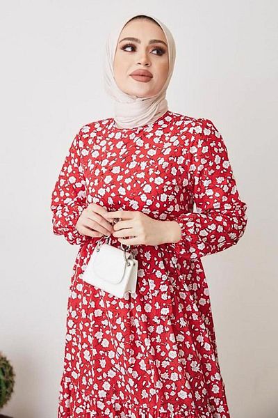 TRENDTESETTÜR WOMEN'S RED FLOWER PATTERNED BELLOW DRESS T 004