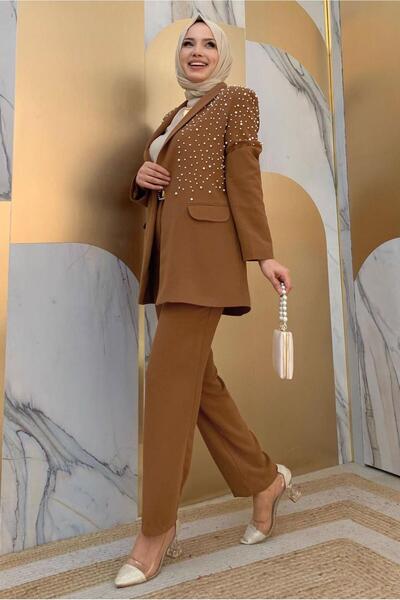 TRENDTESETTÜR Γυναικείο Μαύρο Σετ Παντελόνι με Πέρλες και Πέτρα με λεπτομέρειες T 6048