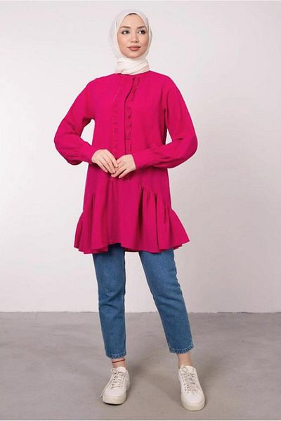 TRENDTESETTÜR Women's Fuchsia Ruffle Detailed Flounce Tunic T 8985