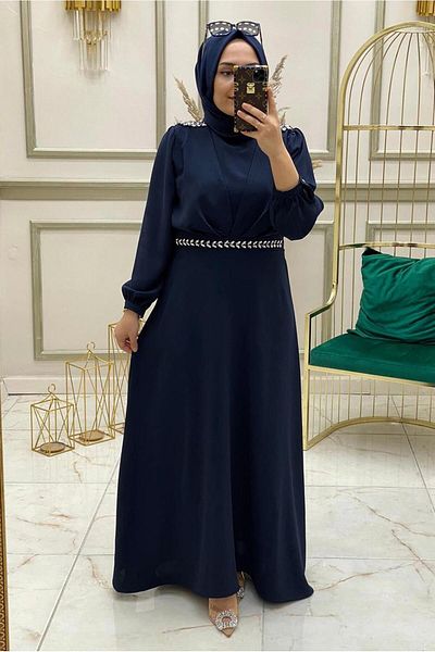 TRENDTESETTÜR Γυναικείο φόρεμα Navy Blue Stoned - Αξεσουάρ Detailed T 30800