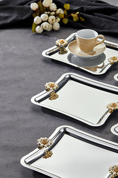 Turkco Elegante Square Series, Duo Bella Flora Handle Patterned Chrome Presentation Promise Engagement Tray, 22X16Cm, 6 Pieces