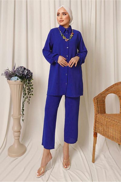 TRENDTESETTÜR Γυναικείο μπλε Navy Blue (SAKS) Κοστούμι παντελόνι με λεπτομέρεια αλυσίδας T 8303