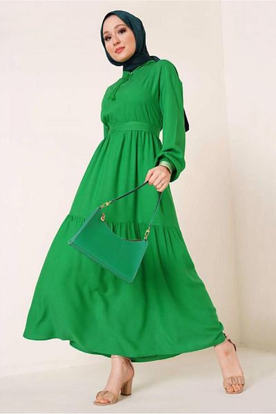 TRENDTESETTÜR Green Beneton Belted T-644 - Γυναικείο φόρεμα με δεμένο γιακά