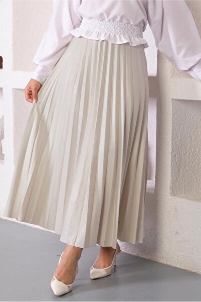 TRENDTESETTÜR WOMEN'S BEIGE PLEATED ELASTIC WAIST SKIRT T 8354