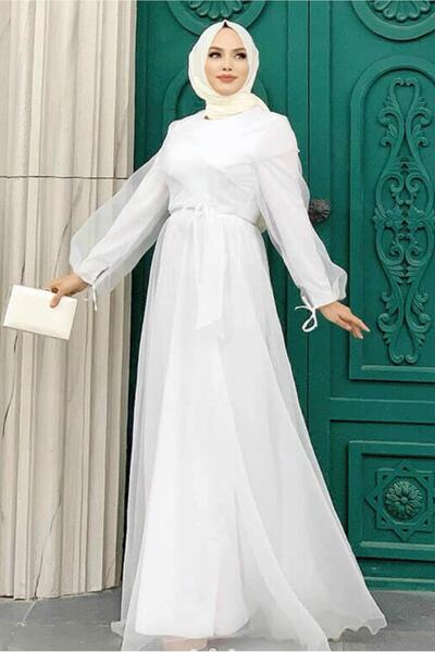 TRENDTESETTÜR Women's Ecru Belted Tulle Evening Dress T 4693