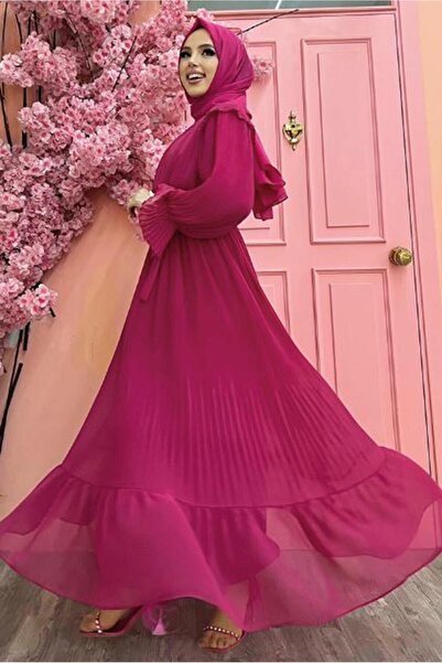 TRENDTESETTÜR Γυναικείο φούξια πλισέ σιφόν φόρεμα T 4263